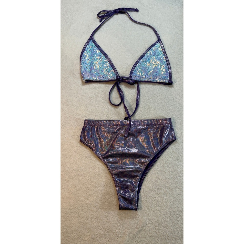 Freedom Rave Wear Holograph Purple Sequin Triangle Top L High Waist Bottom M Set